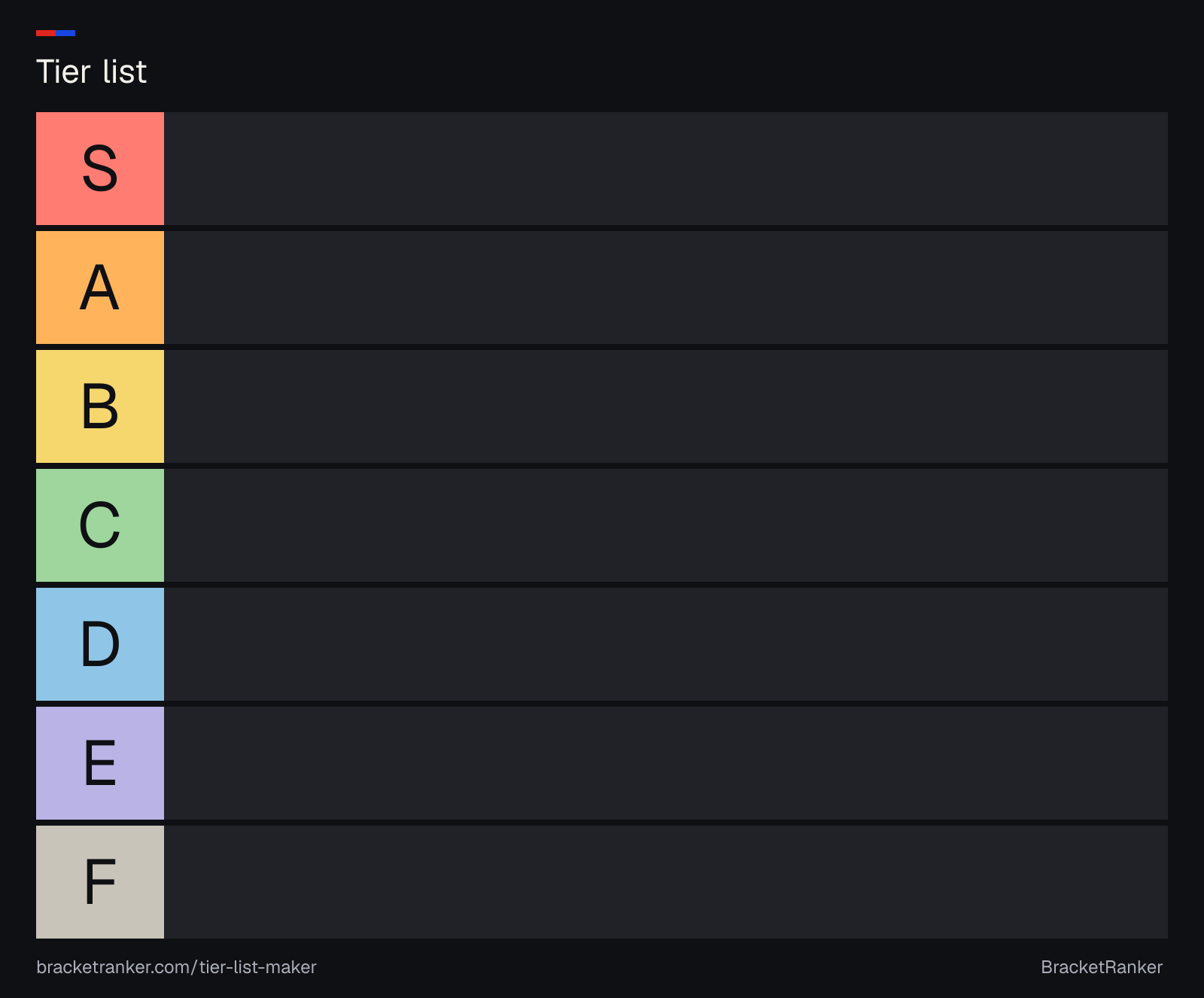 Blank seven-tier list template, S to F, on a dark background